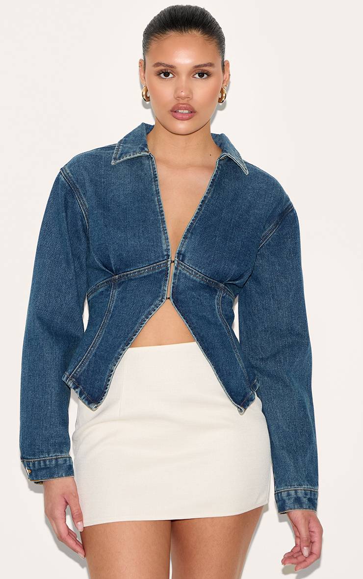 Mid Blue Wash Chemise En Denim À Manches Ballon Avec Taille Cintrée Et Ourlet Fendu