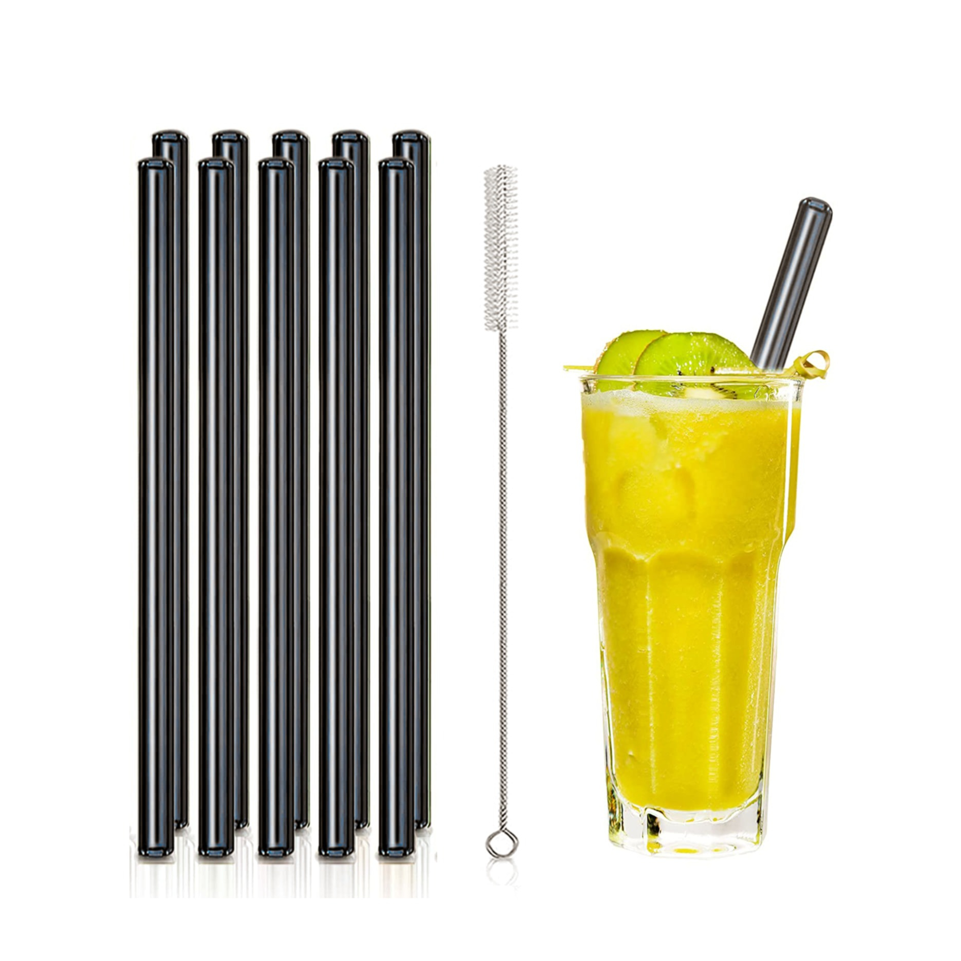 (11-tlg. Set) 20cm Glas Strohhalme Wiederverwendbare Trinkhalme inkl. Reinigungsbürsten - Schwarz