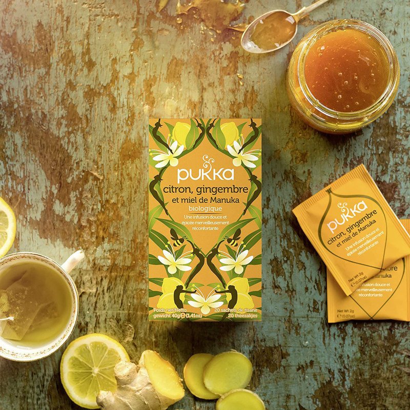 Infusion citron, gingembre et touche de miel de Manuka Bio Pukka - Boîte de 20 sachets