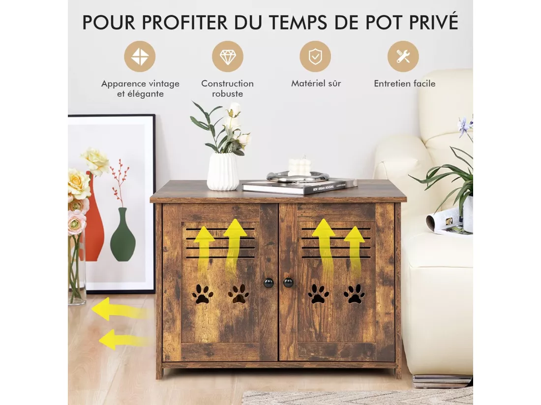 Meuble Litiere Chat avec Portes à Persiennes et 2 poignées découpées Style Industriel, 70 x 52 x 51 CM,