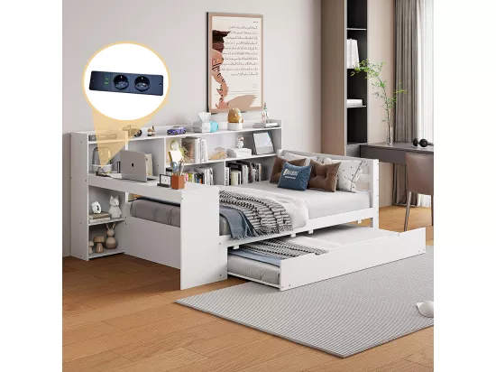 Lit gigogne 90x200 avec bureau étagères compartiments de rangement et étagères avec prises de courant lit simple en bois Blanc