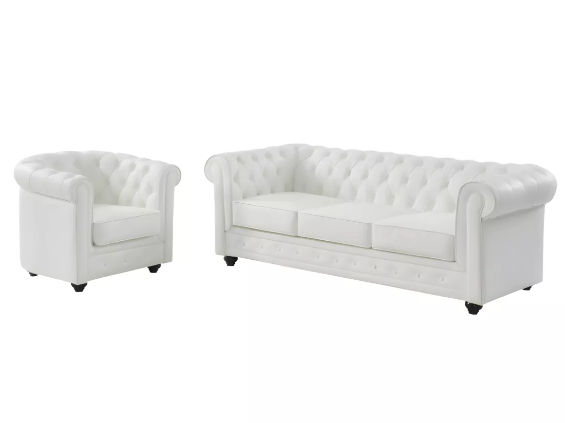 Canapé 3 places et fauteuil en cuir de buffle CHESTERFIELD - Blanc