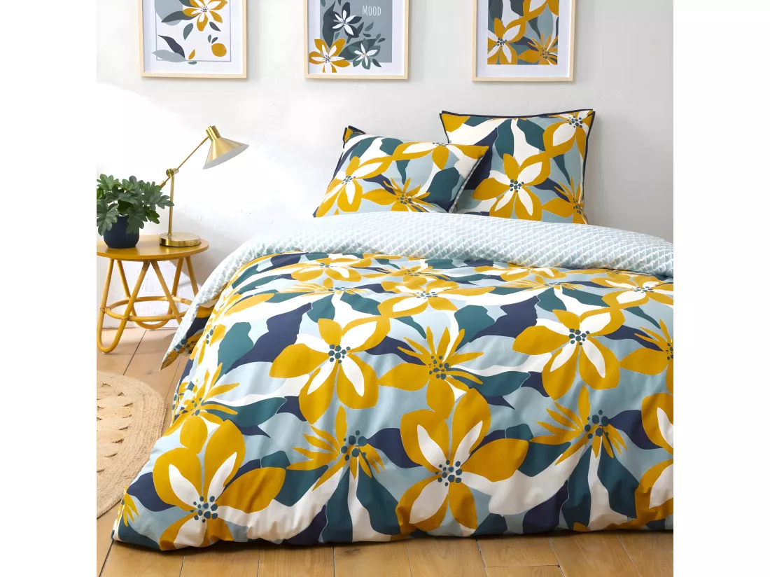 Parure de lit 2 personnes en percale 70 fils imprimé bleu 260x240cm