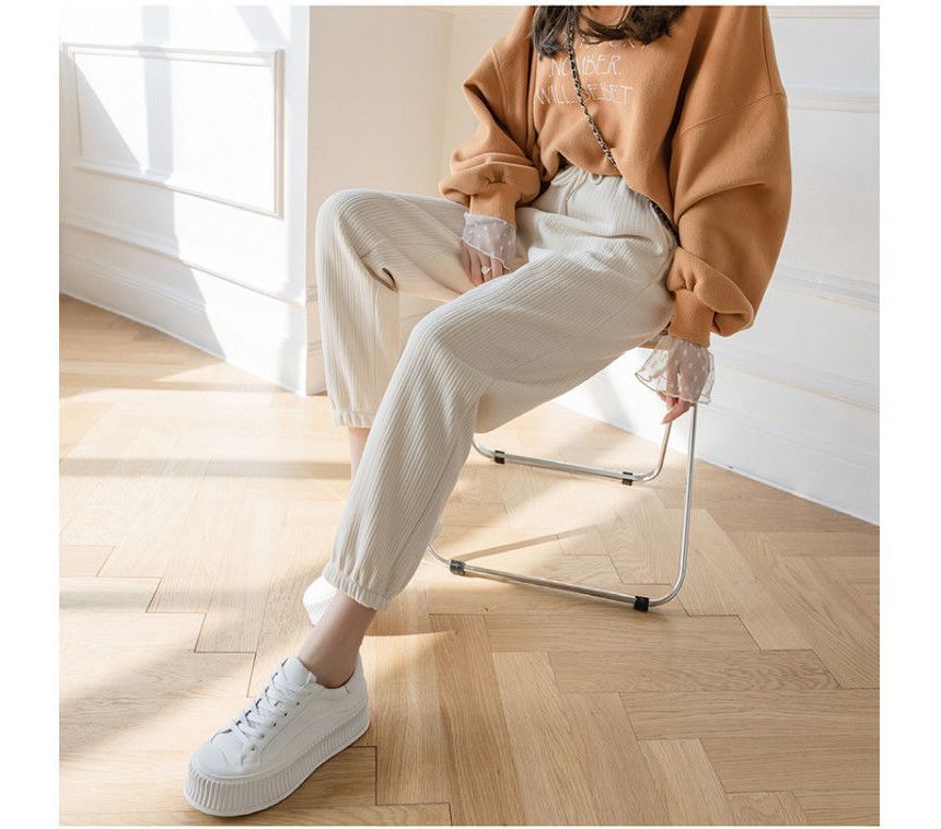 CRIBI - Hoge taille effen geribbelde fleece-gevoerde joggingbroek