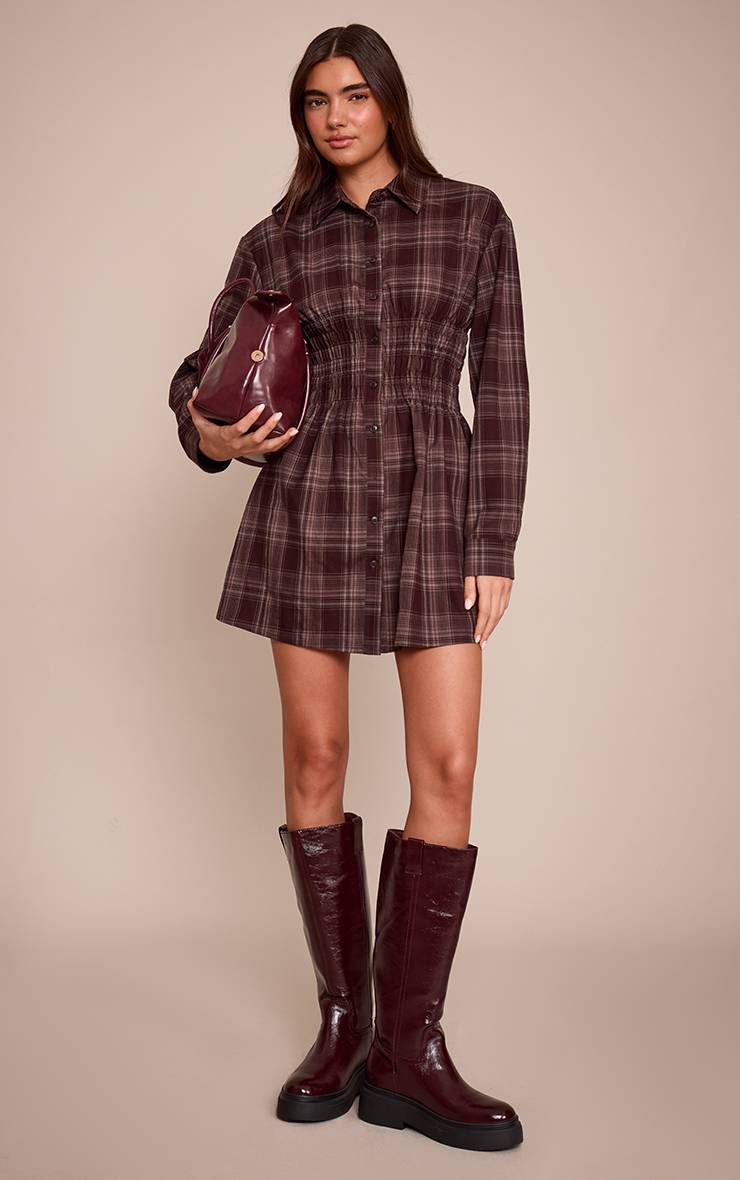 Marron Robe Chemise À Carreaux À Manches Longues Avec Taille Cintrée
