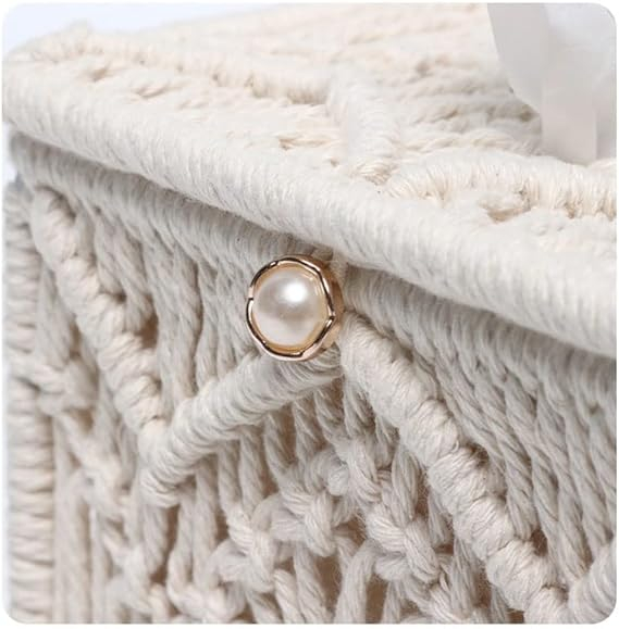 (15x14cm) Makramee Taschentuch Spender Boho Nastuch Dispenser Hygge Lifestyle Kosmetik Tuch Aufbewahrungs Box - Weiss