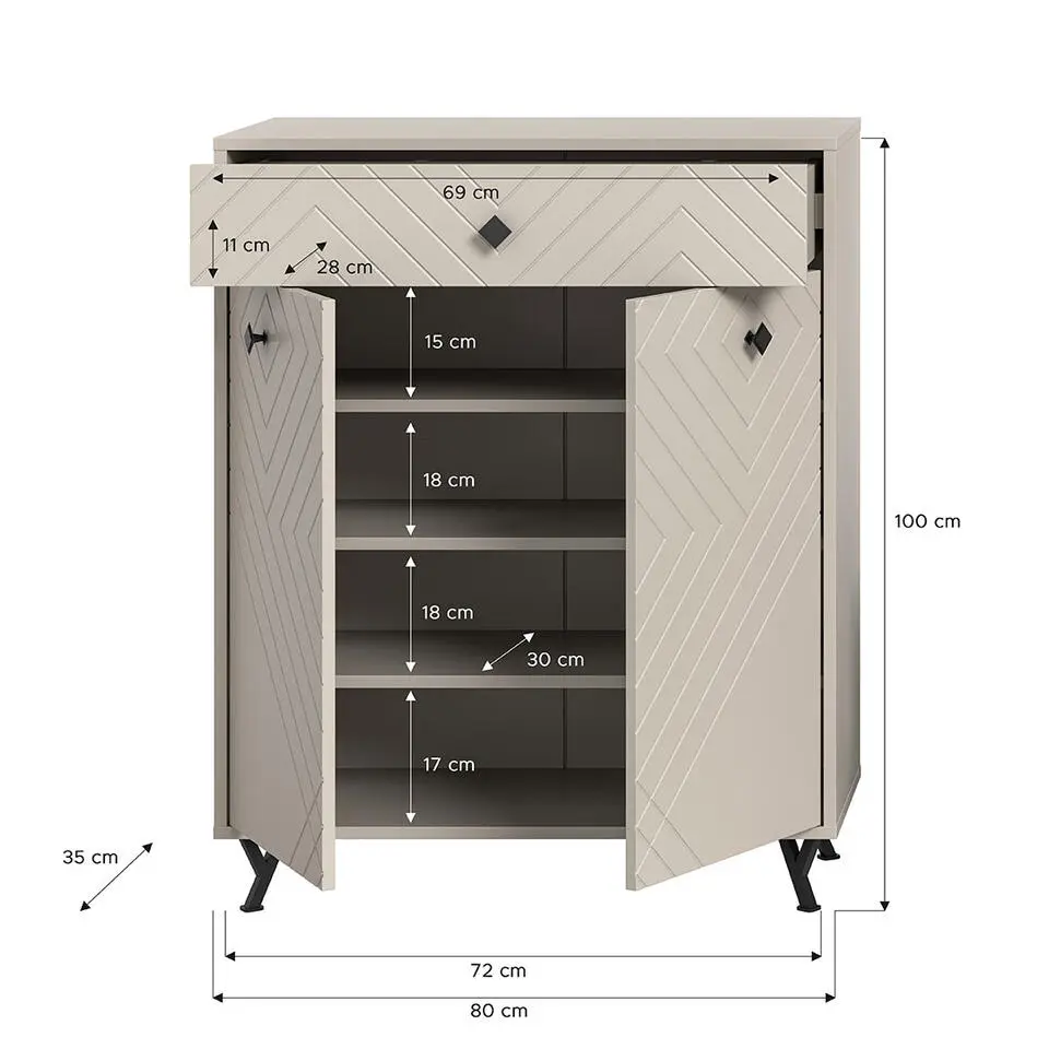 Hioshop Notes schoenenkast 2 deuren mat beige