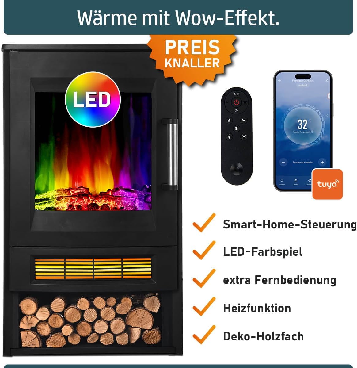 Elektrokamin | 2 Heizstufen | 900W - 2000W | viele Modelle | LED - 3D Flammeneffekt mit Farbwechsel | inkl. Fernbedienung Timer & Thermostat | Überhitzungsschutz | Magnus
