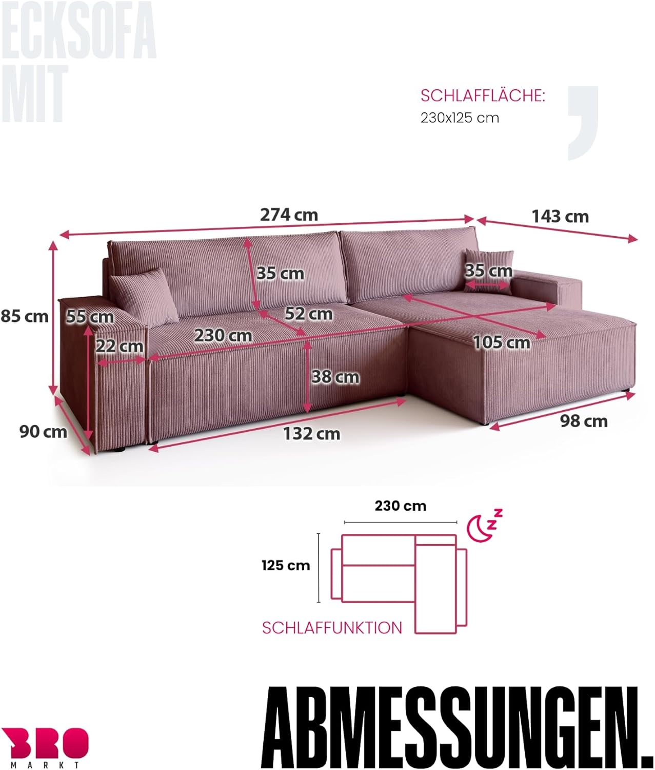 BROMARKT Sofa mit Schlaffunktion Couch L Cordstoff Sofa Bettkasten Schlafsofa für Wohnzimmer Ecksofa freistehend Adi XL Relaxsofa 3 sitzer 272x143x85 cm Rosa