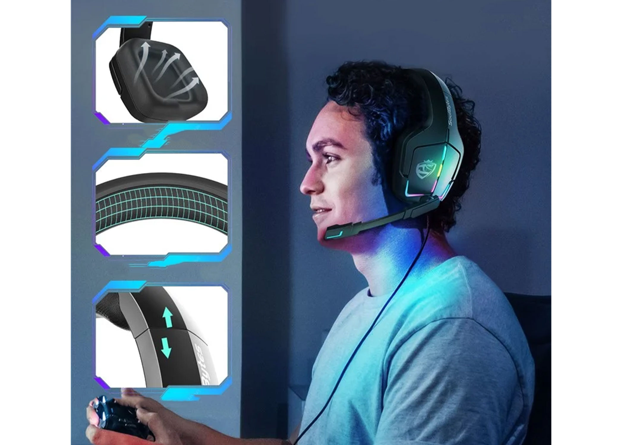 Gaming Kopfhörer Over-Ear LED Stereo Headset für PC / PS4 / PS5 kabelgebunden mit Mikrofon   3.5mm Klinke - Schwarz