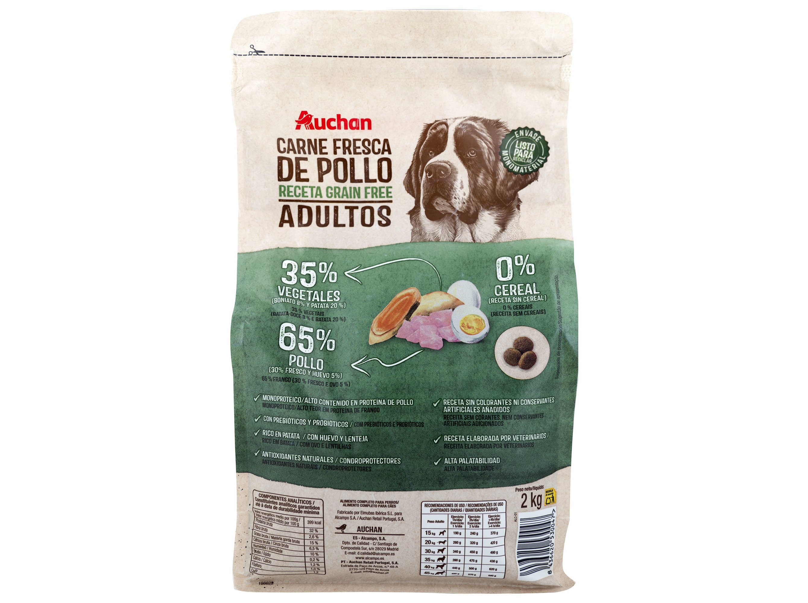 RAÇÃO CÃO AUCHAN GRAIN FREE FRANGO FRESCO 2KG