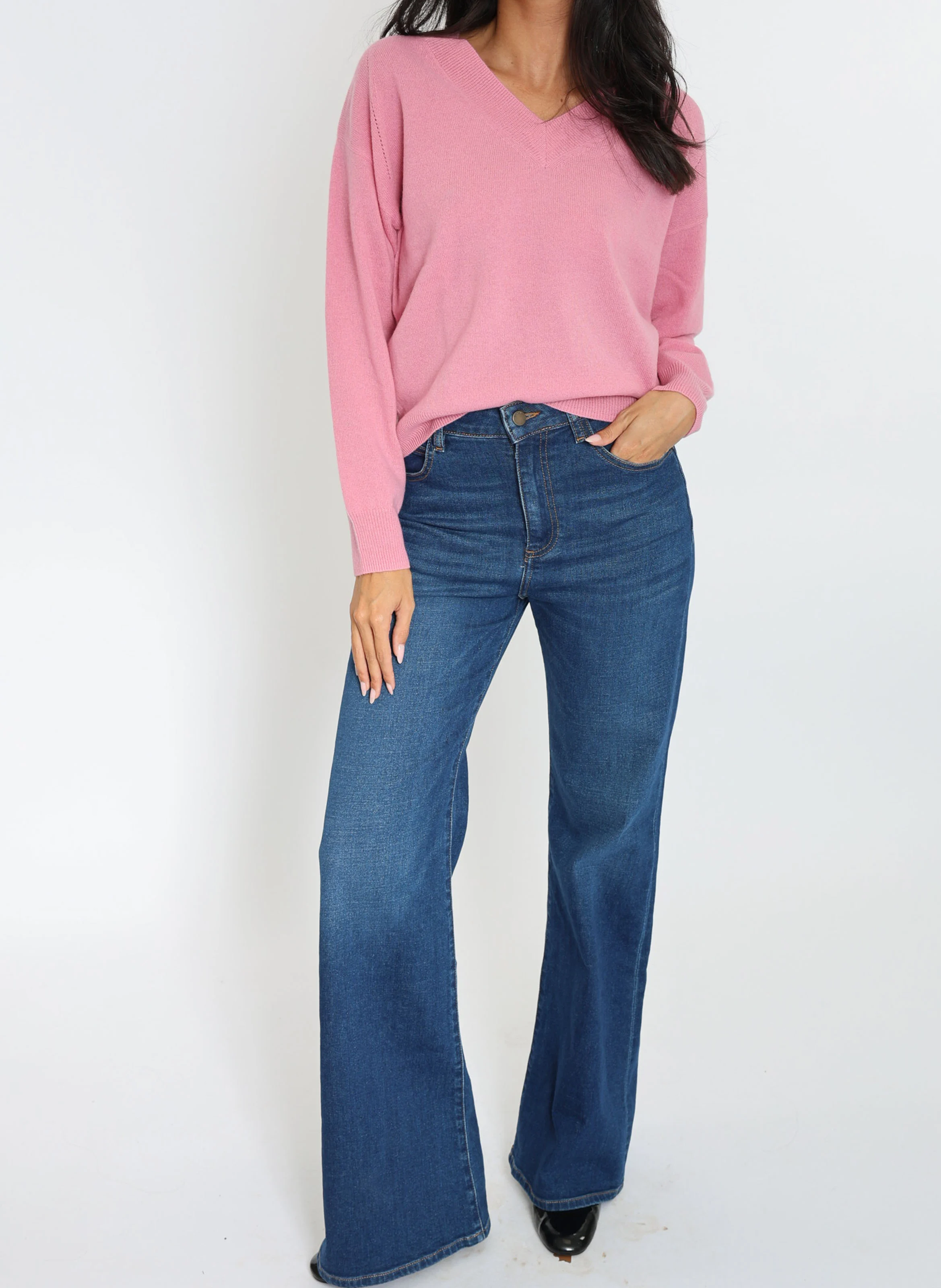 ANITA - Pull ample col V en laine et cachemire | Rose