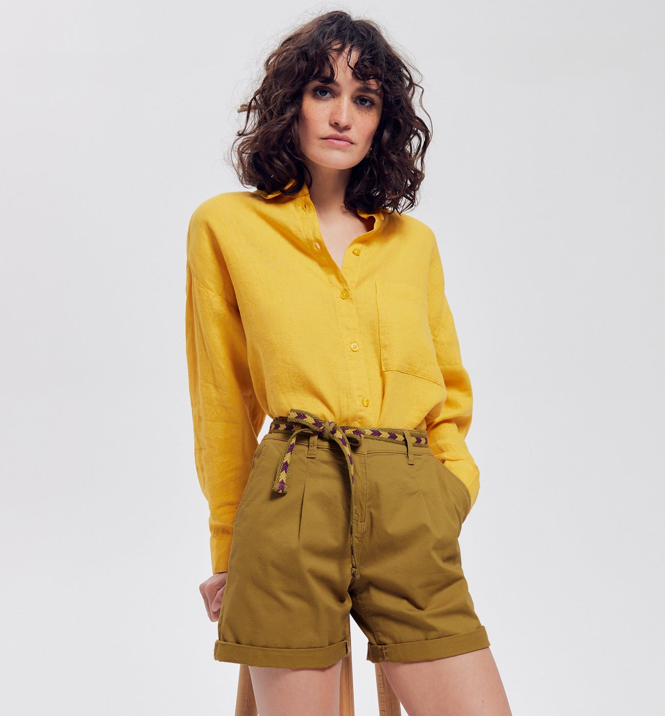 Short en toile + ceinture - Marron