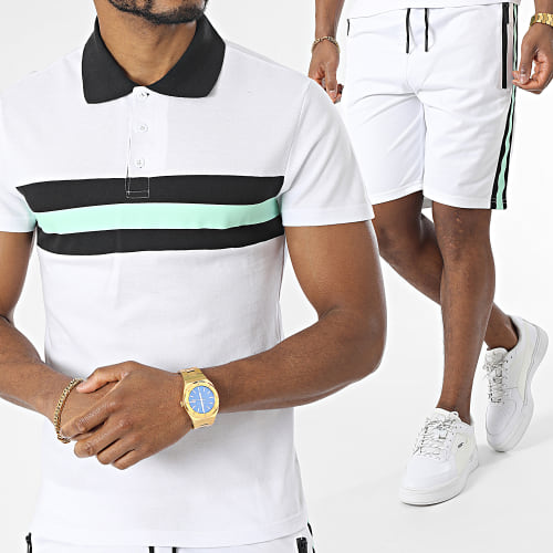 Ensemble Polo Manches Courtes Et Short Jogging A Bandes E401 Blanc Vert Clair Noir