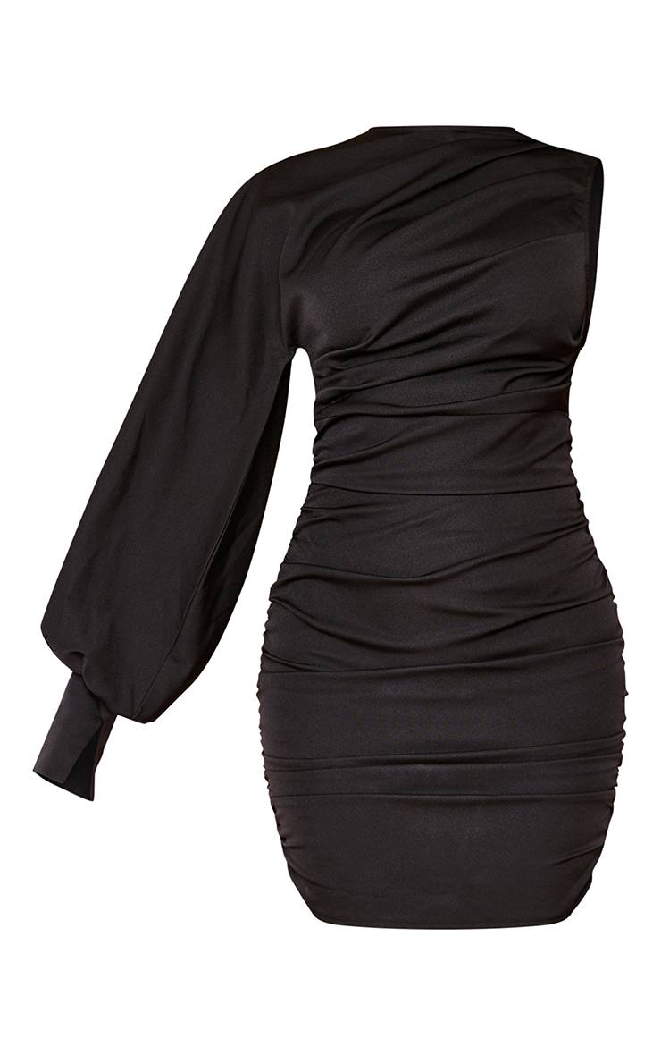 Noir Robe Moulante Tissée Froncée À Une Manche