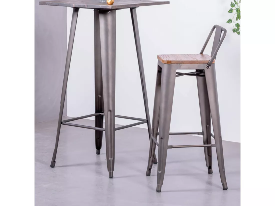 Tabouret industriel en acier vieilli avec dossier bas et assise en bois - Bistro - Antique