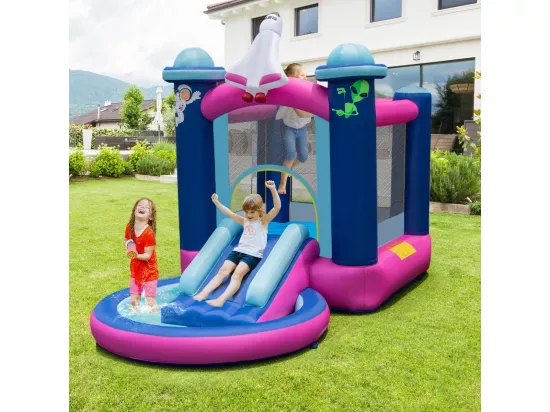 Toboggan Aquatique Gonflable Thème de l'espace avec Gonfleur 480 W Piscine à Eclaboussures Toboggan Portable,Sac de Transport et Piquets