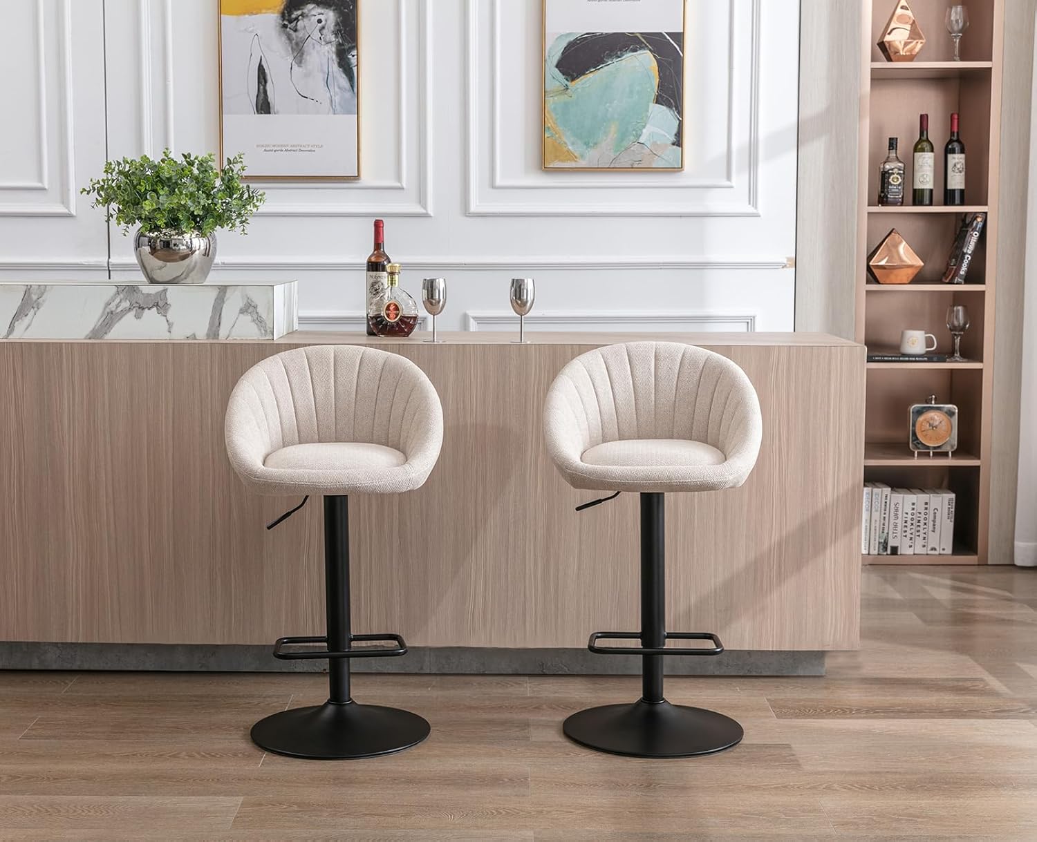Barhocker 2er Set, Gepolsterter Drehhocker Barstühle höhenverstellbar Küchenhocker aus Handtuch-Stoff Tresenhocker für Küche/Hausbar,Beige