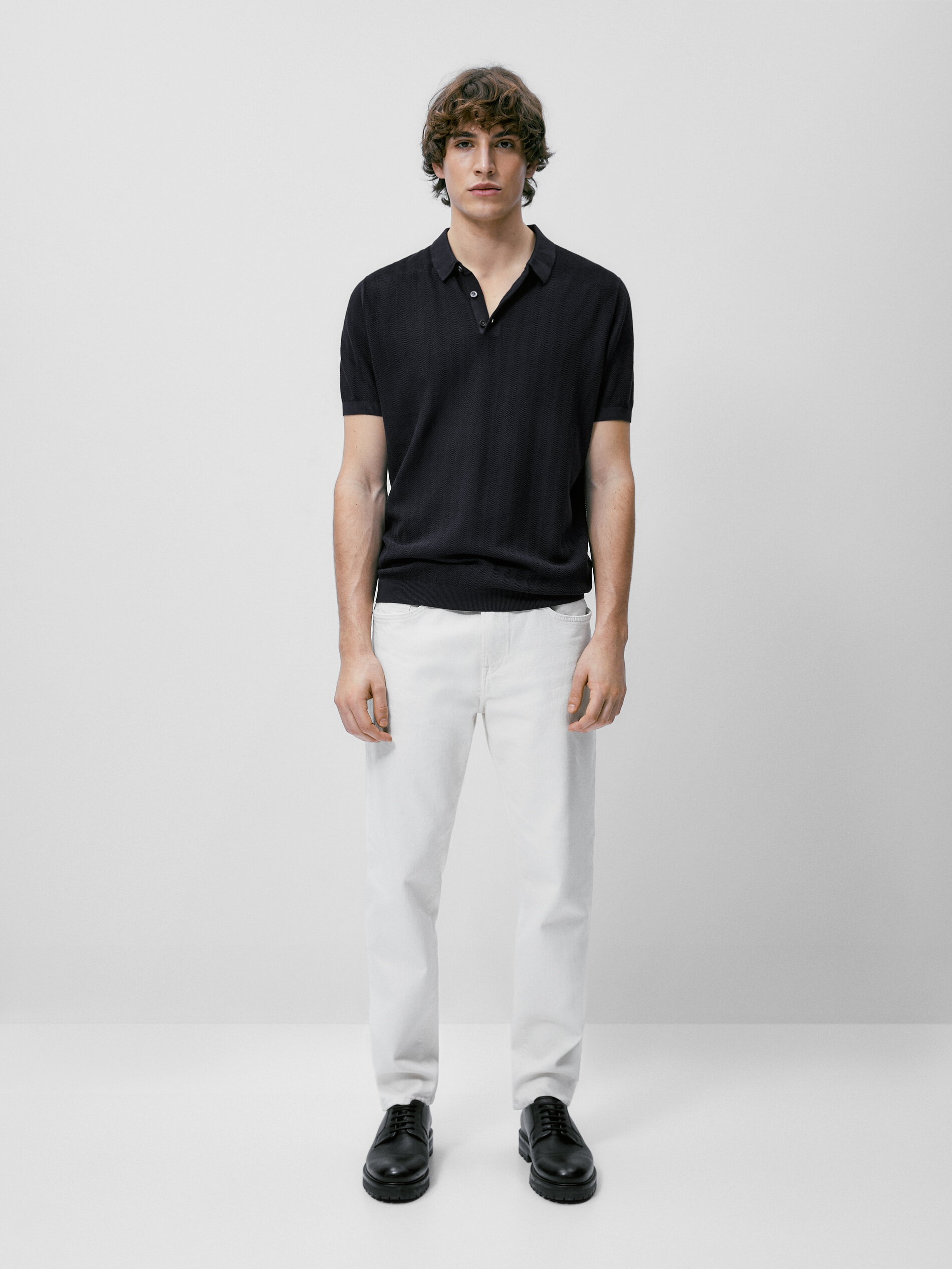 Camisa polo de malha espinha de peixe em algodão - AZUL MARINHO