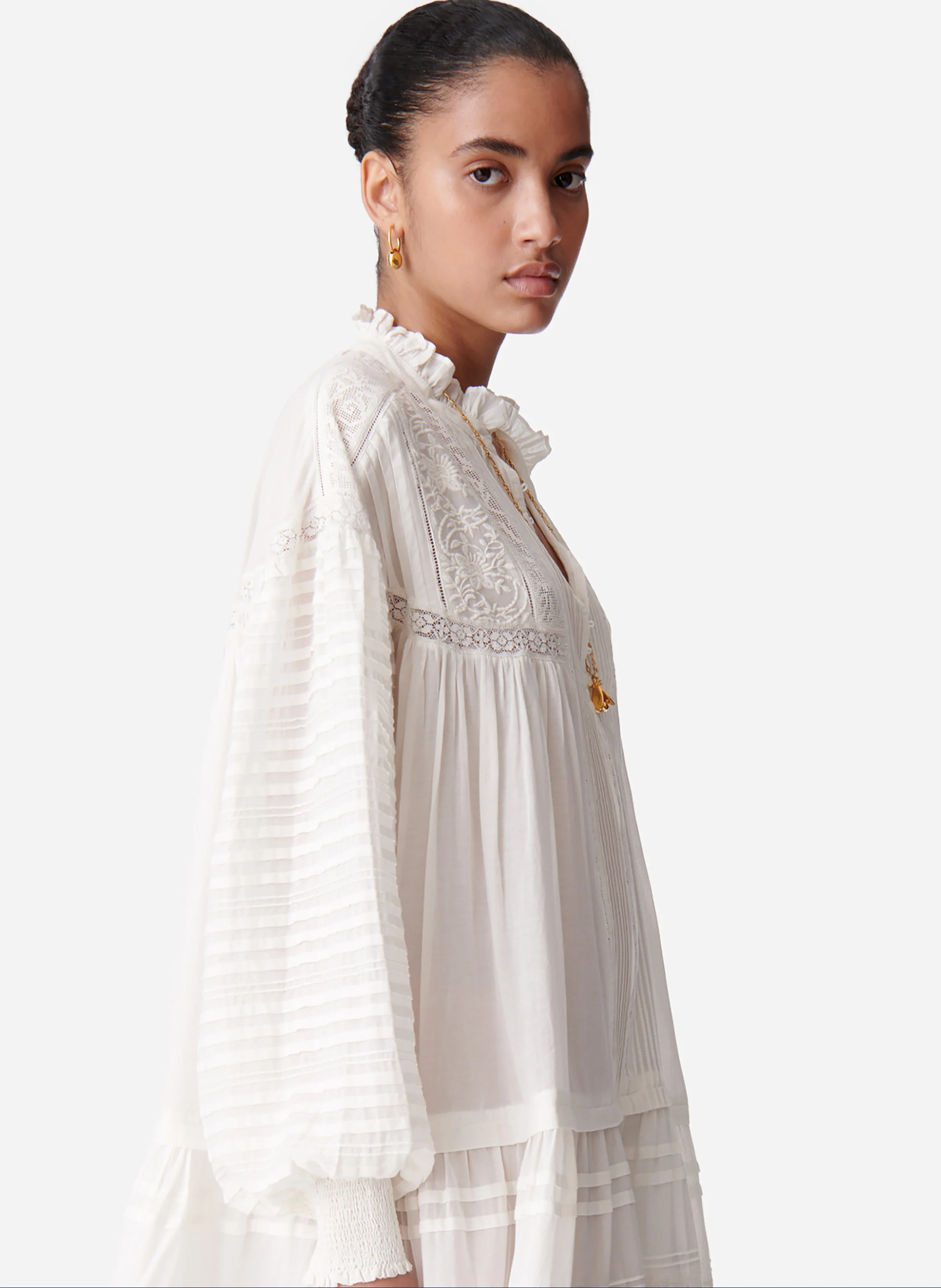 DIANE - Robe courte trapèze brodée en coton mélangé | Blanc