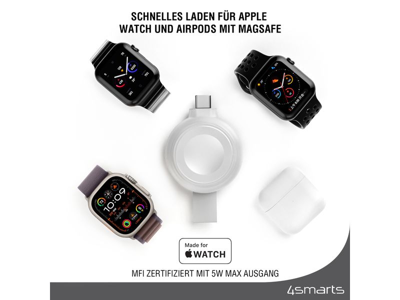 4smarts Ladekabel Apple Watch Charger QI2.0 Silber MFi-Schnellladegerät für Apple Watch