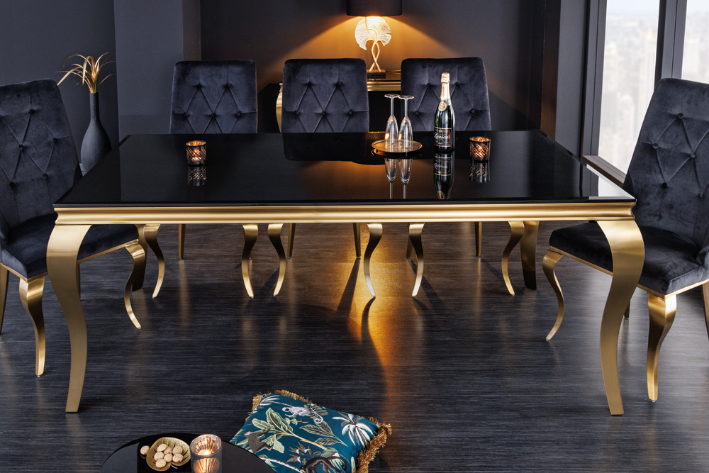 Eleganter Design Esstisch MODERN BAROCK 200cm schwarz gold Edelstahl Opalglas Tischplatte