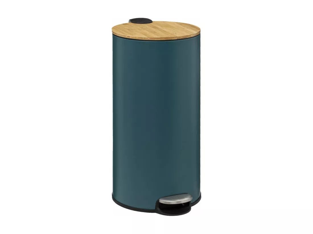 Poubelle 30 Litres en Métal Bleu pétrole et Couvercle en Bambou