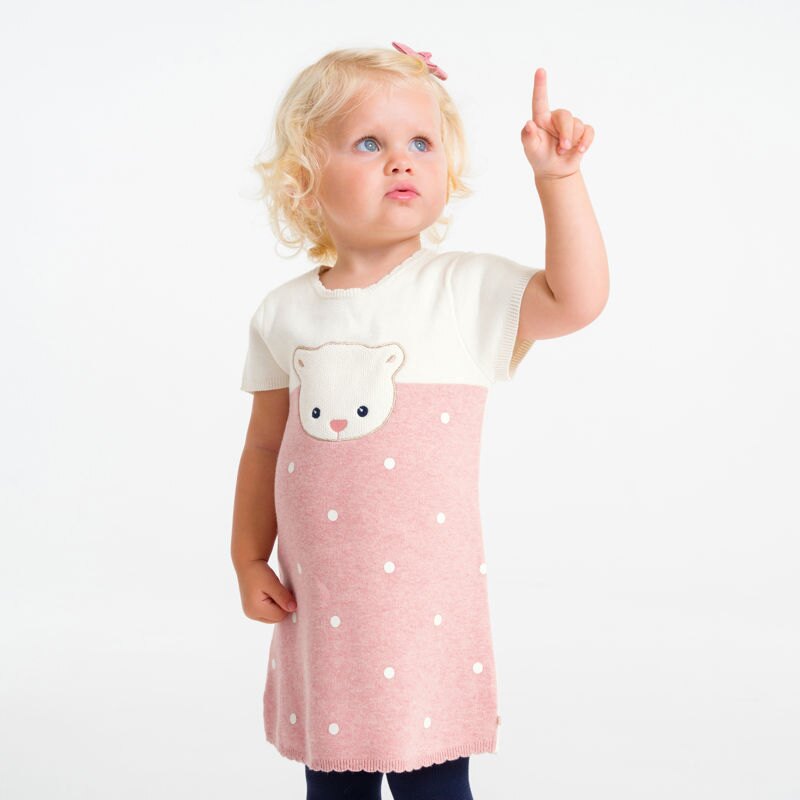 Robe pull maille tricot ours brodé bébé fille Rose