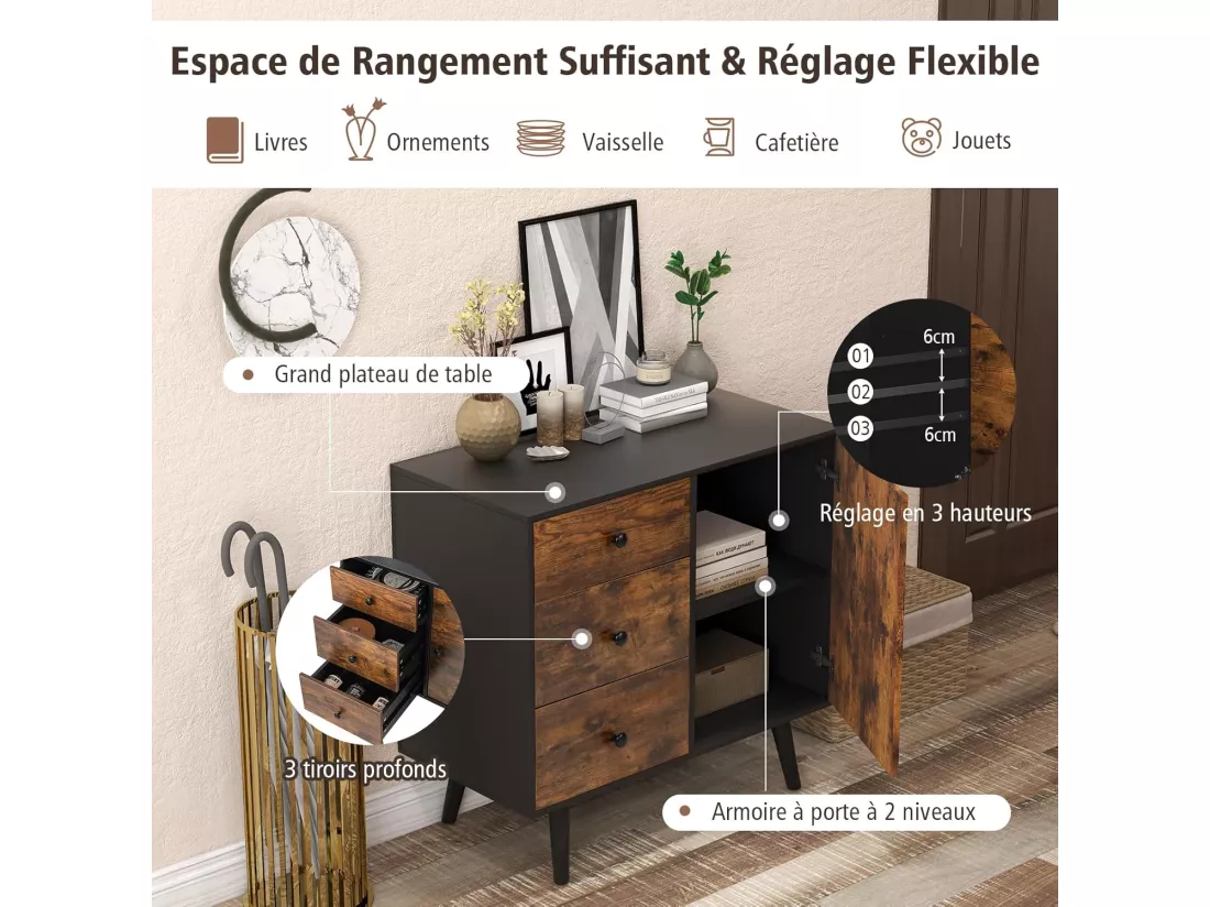 Buffet bas industriel, 3 tiroirs, placard à porte, étagère réglable, 73 x 40 x 76,5 cm