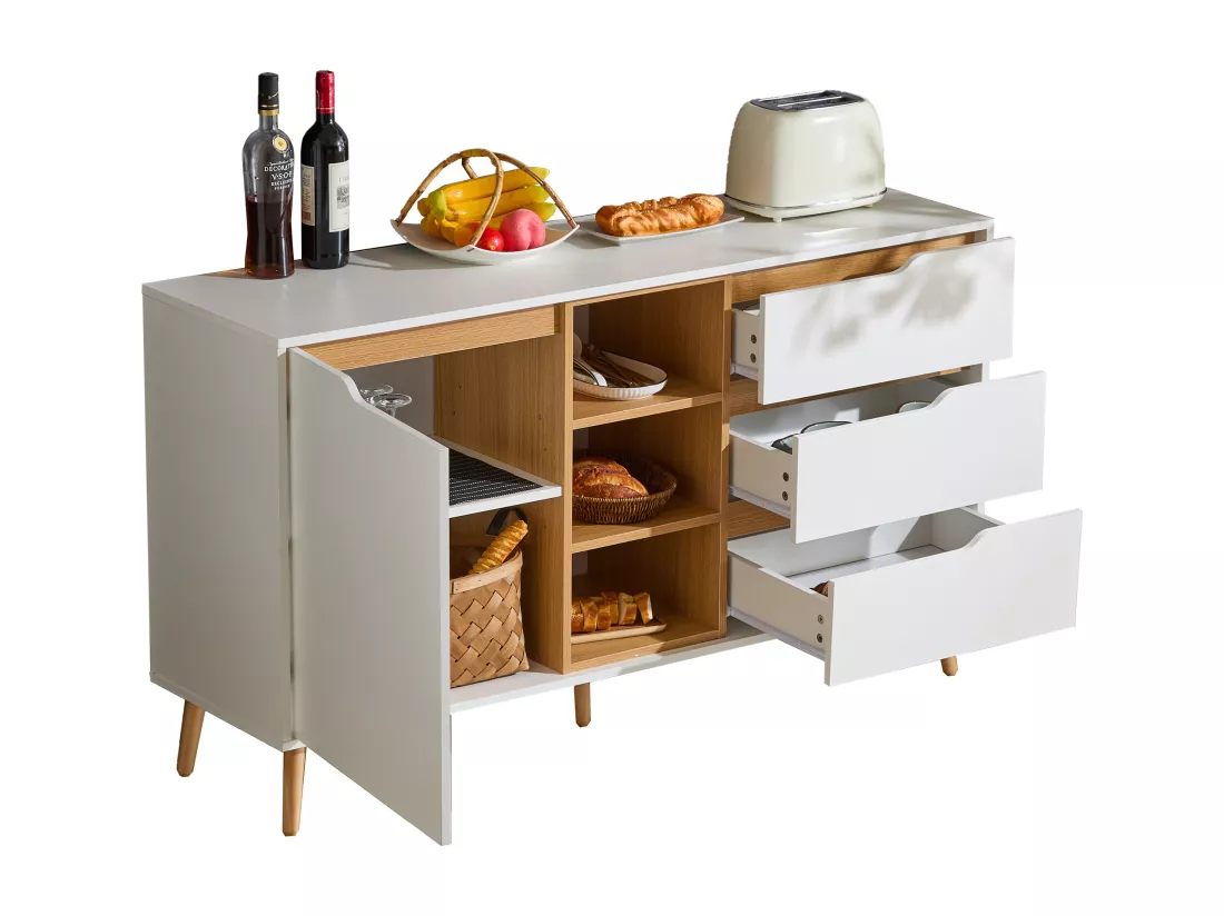 Buffet avec 1 porte et 3 tiroirs - 140 x 40 x 80,5 cm - Bois MDF - Design anti-basculement - Blanc + naturel