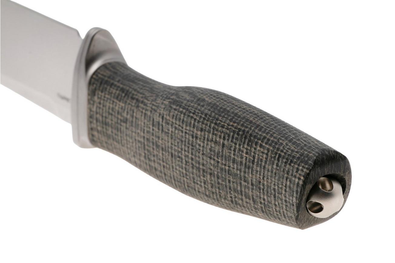 LionSteel Acha AH BLB Satin M390, Black Burlap Micarta, Titanium Guard, vaststaand mes