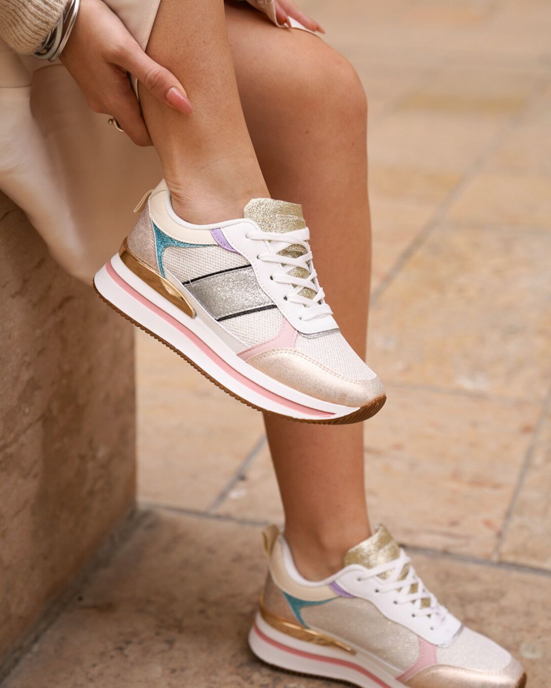 Basket femme champagne semelle épaisse à lacets - Lula