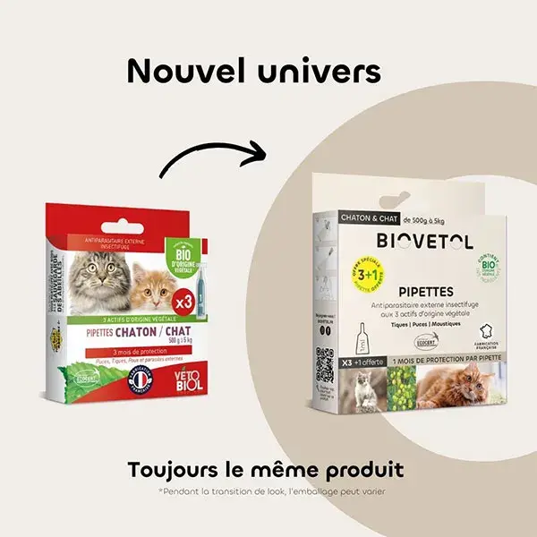 Biovetol - Antiparasitaire - Pipettes Chat/Chaton Bio - 1ml (x3+1)