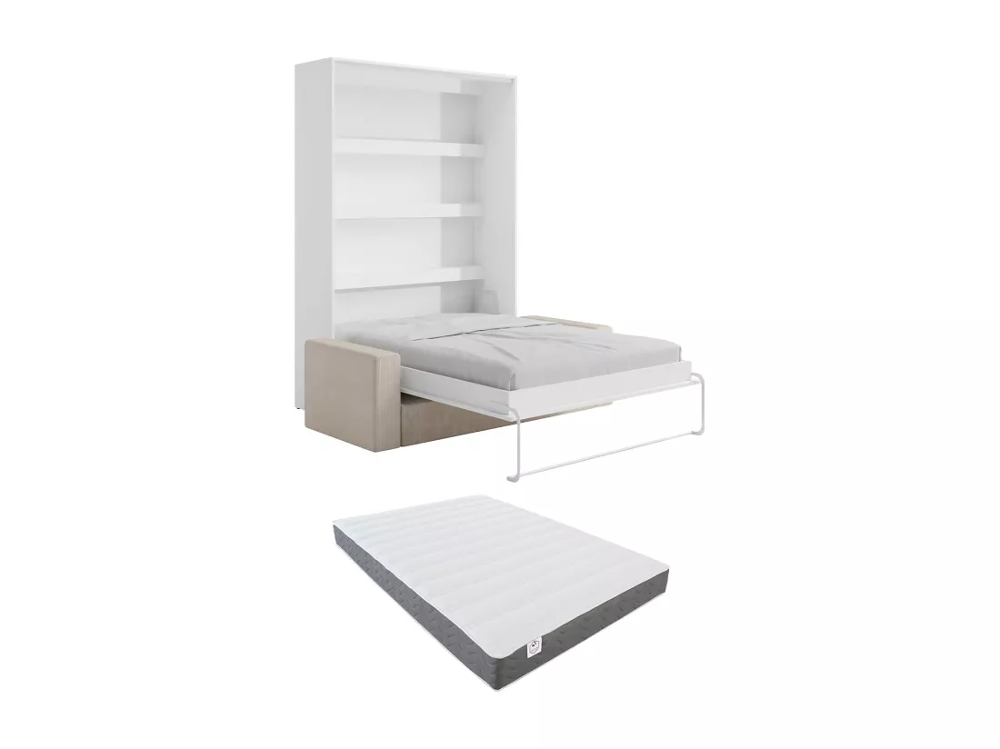 Lit escamotable 140 x 200 cm - Ouverture verticale manuelle - Avec LEDs - Blanc + Matelas + Canapé - RAPILI