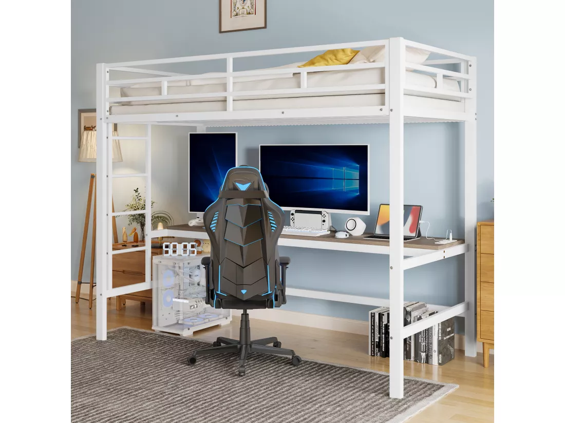 Lit mezzanine garde-corps et escabeau - 90 x 200 cm - avec USB et table - LED - sans matelas - métal - white