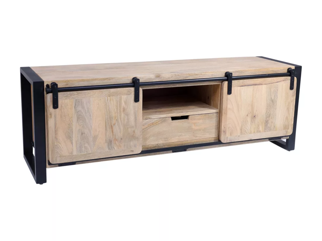 Meuble TV avec 2 portes, 1 tiroir et 1 niche en bois de manguier et métal - Naturel et noir - HARLEM II