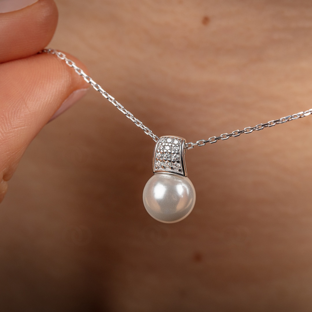 Collier mit Anhänger 925 Silber rhodiniert mit Kunstperle 9mm und Zirkonia