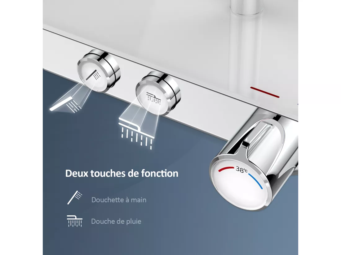 EMKE Colonne de douche thermostat, douchette à 3 puissances de jet, jet cascade, set de douche avec étagère en verre, Certification KTW, Chrome
