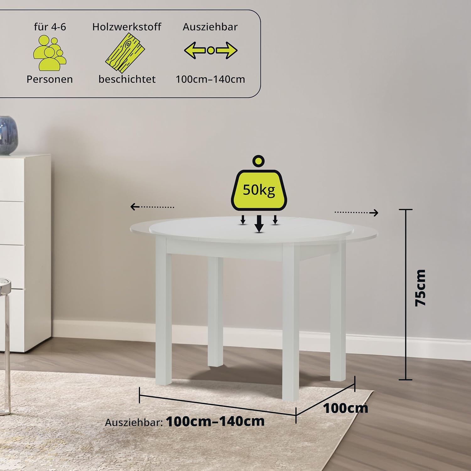 smart Esstisch Rund 100 cm Weiß, Küchentisch ausziehbar bis 140 cm, Esszimmertisch aus Holzwerkstoff inkl. erweiterbare Auszugsplatte, moderner Tisch für bis zu 6 Personen