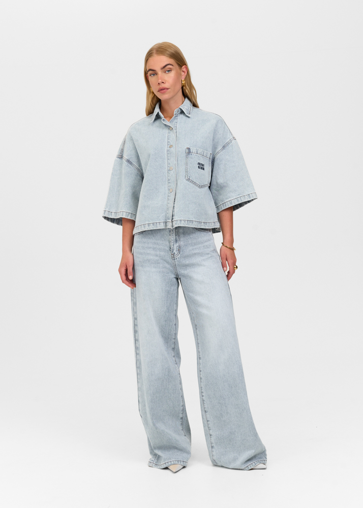 Denim blouse korte mouw sky blauw