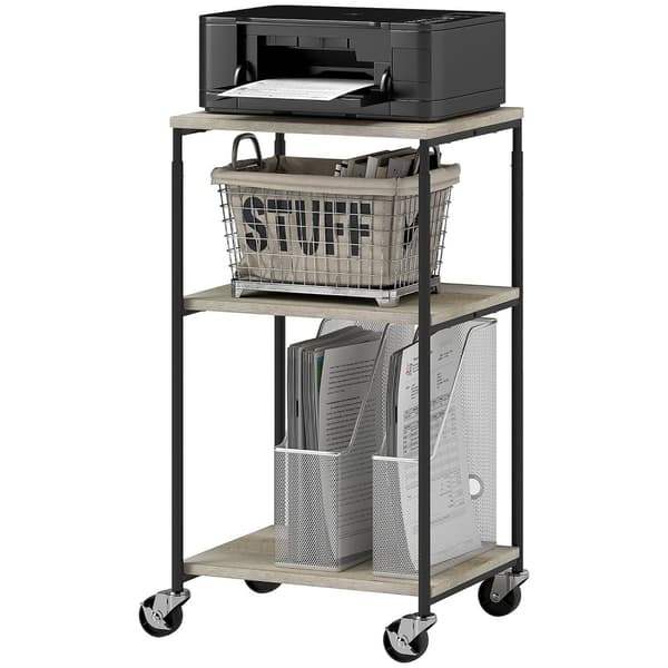 Skriverbord med rull, skriverstativ med 3 nivåer, skriverholder, skrivervogn kan holde opptil 12 kg, for kontor, studie, stål, 39 x 34,5 x 81,5 cm