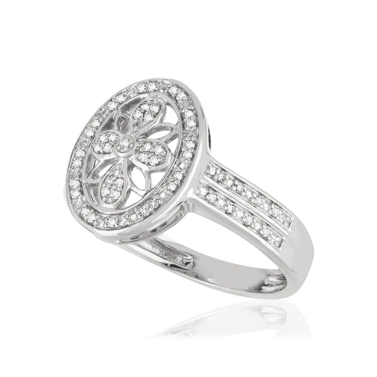 Bague or 375 blanc ovale ajourée diamants
