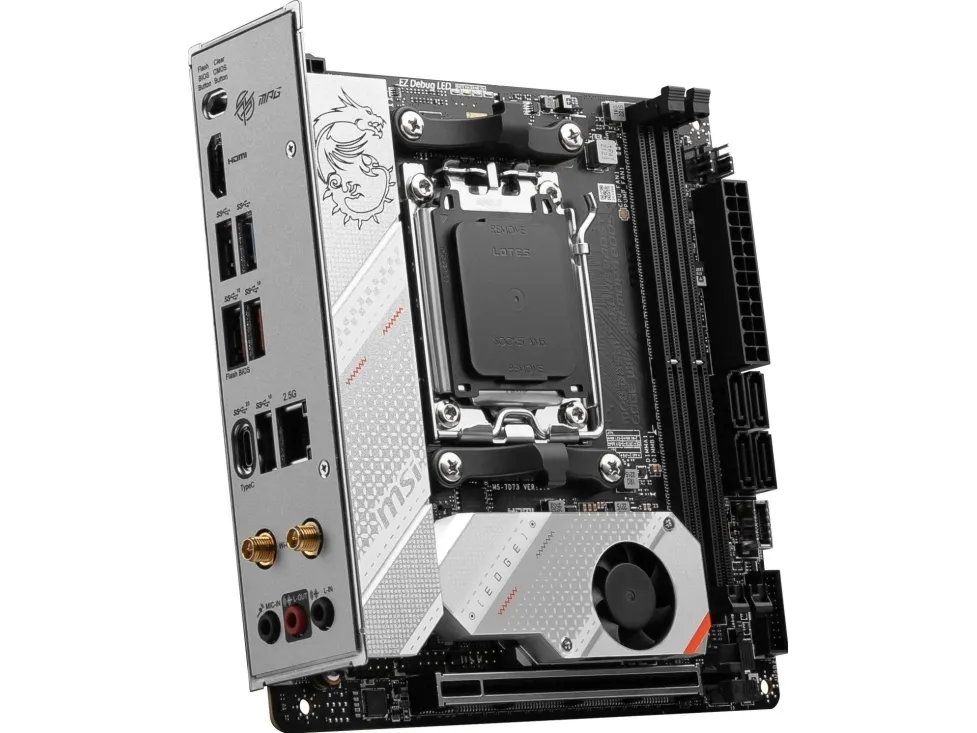 MSI MPG B650I EDGE WIFI - Bundkort - mini ITX - Socket AM5 - AMD B650 Chipset - USB 3.2 Gen 2, USB-C 3.2 Gen2, USB 3.2 Gen 1, USB-C 3.2 Gen 2x2 - 2.5 Gigabit LAN, Wi-Fi 6, Bluetooth - onboard grafik (CPU påkrævet) - HD Audio (8-kanaler)