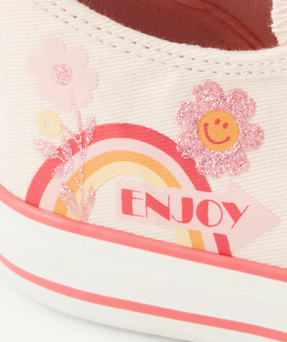 BASKETS BASSES FILLE À SCRATCH ROSE ET PAILLETÉ AVEC DESSIN FLEURI