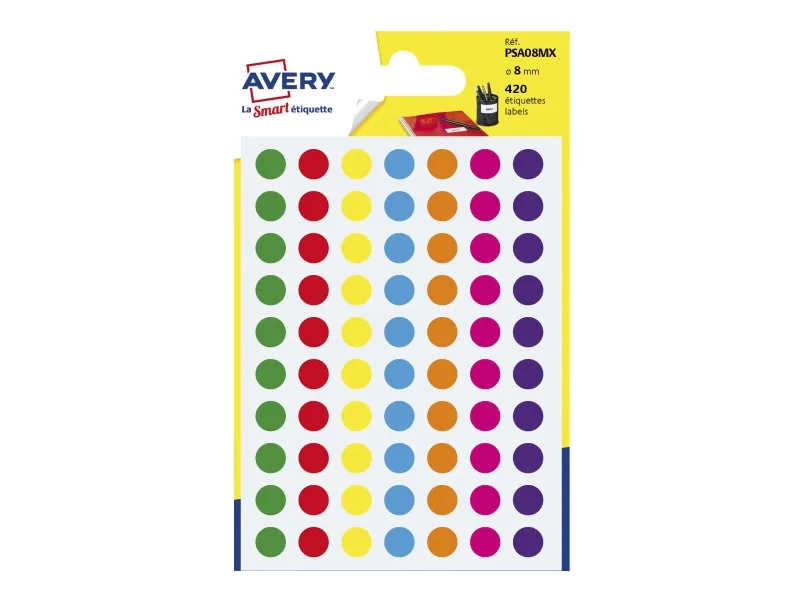 Etiketter Avery PSA08MX Ø8mm ass. farver - (420 stk.)
