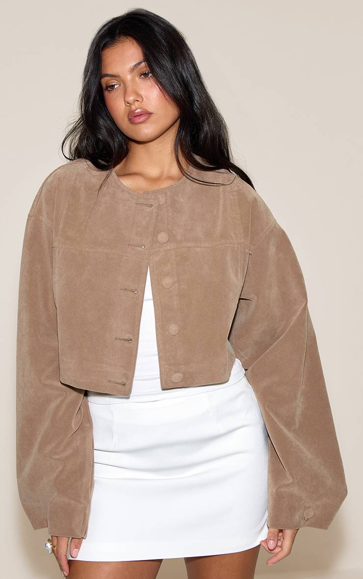 Beige Veste En Daim Beige Courte Avec Détail De Manches Froncées