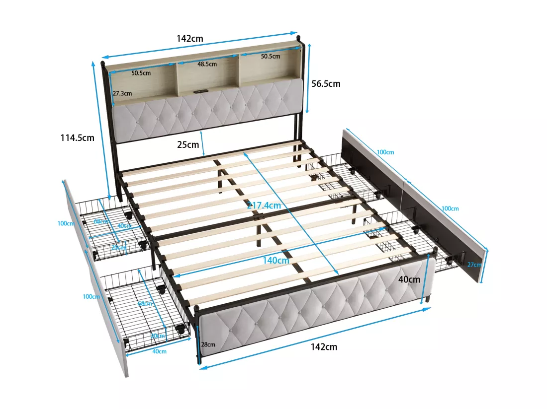 Lit adulte rembourré avec LED et 2 ports de charge USB - 4 tiroirs + sommier à lattes - tissu en velours - 140x200cm - Beige
