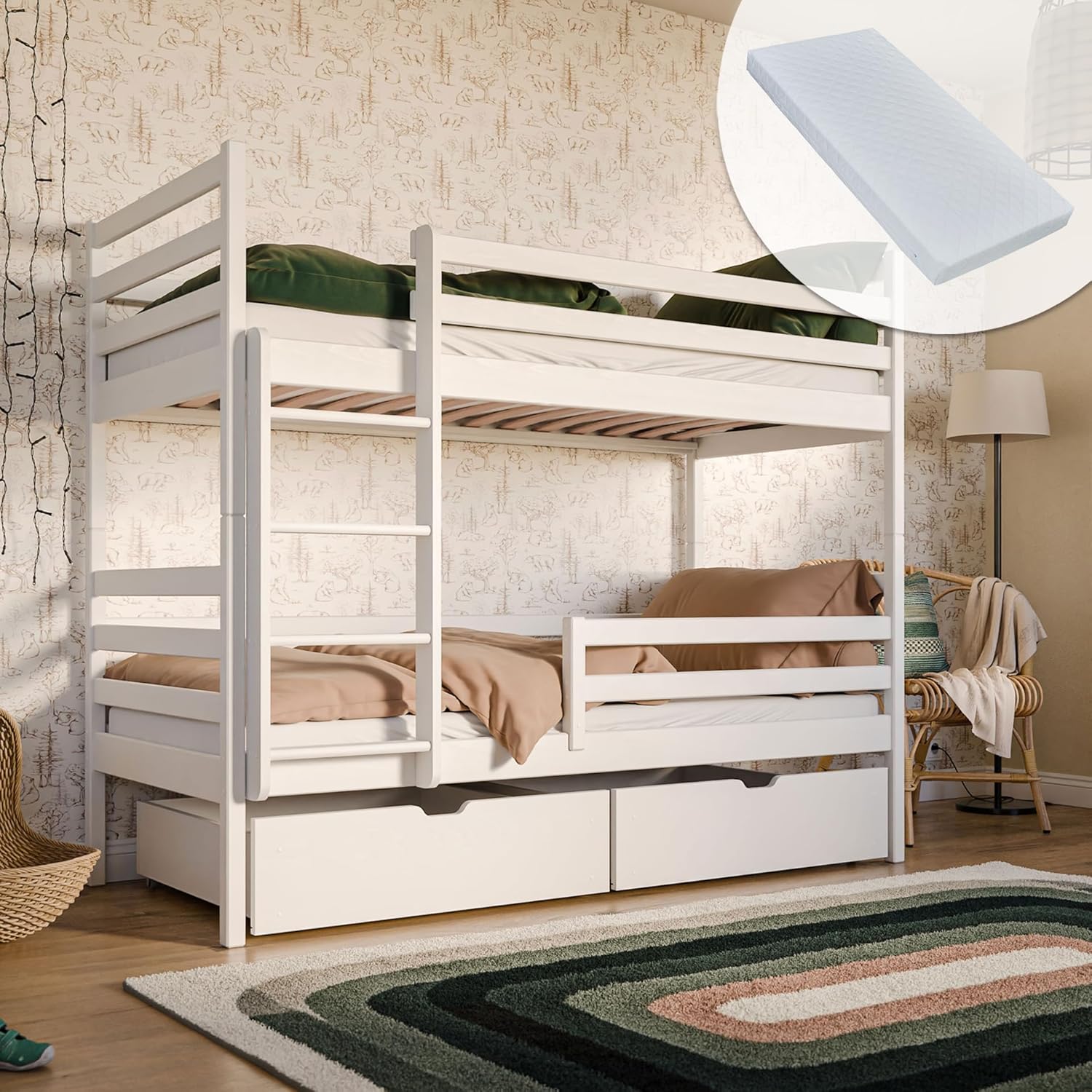 Hochbett 90x200 cm mit 2 Matratzen und 2 Schubladen Etagenbett mit Rausfallschutz und Lattenrost, umbaubar in Zwei Kinderbetten, aus Vollholz massiv in weiß, Funktionsbett Kinderbett