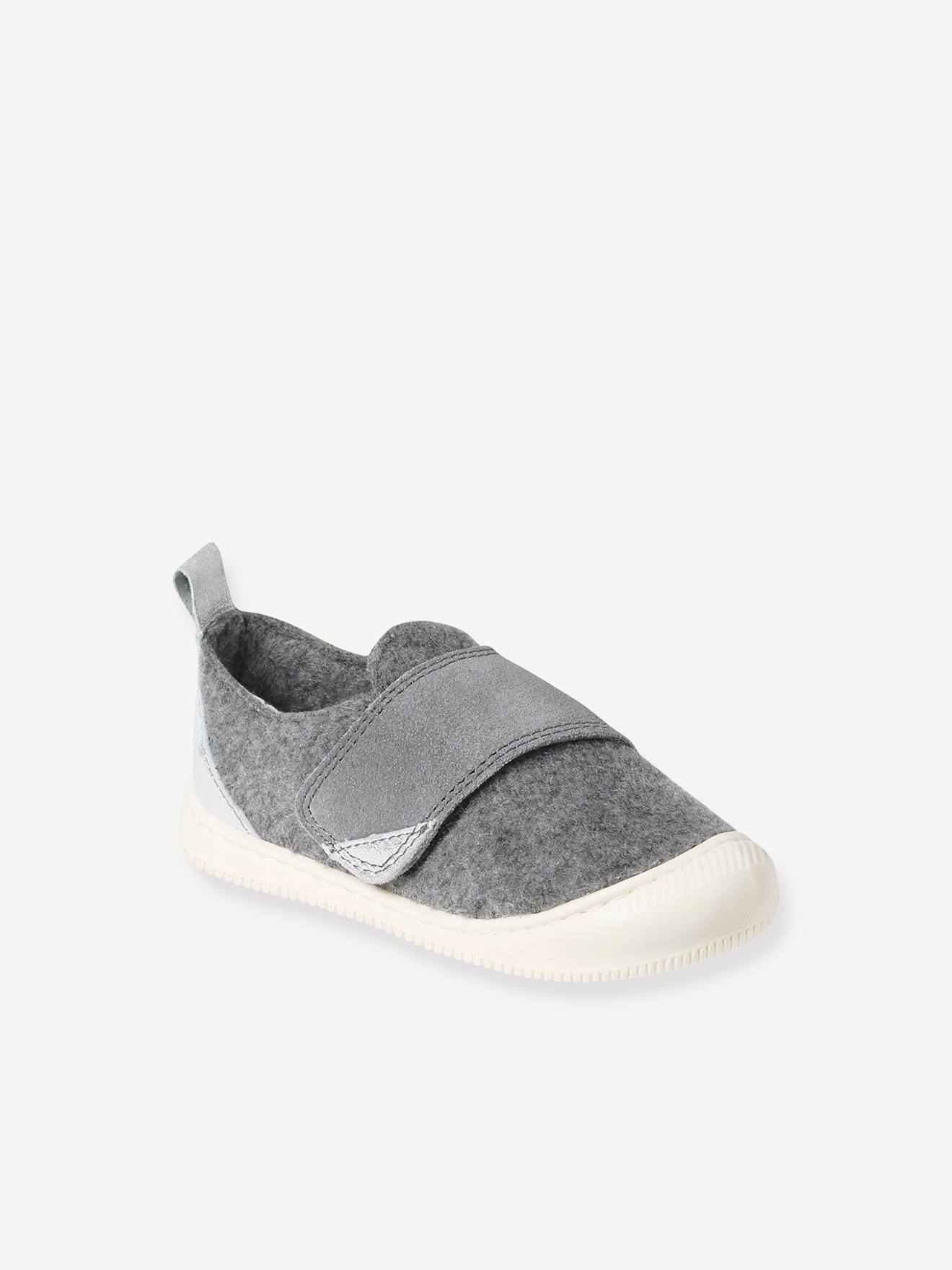 Pantufas de feltro para bebê com fecho de velcro, cinza mesclado