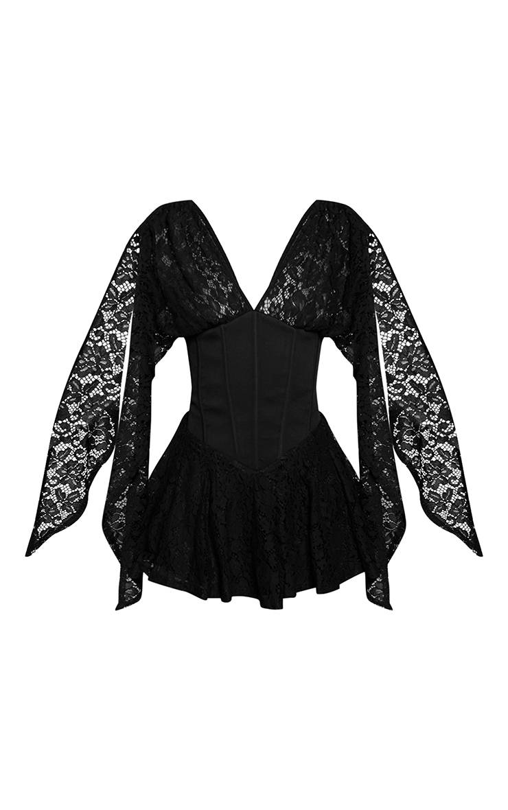Noir Robe Mini À Taille Corset En Dentelle Avec Manches Drapées